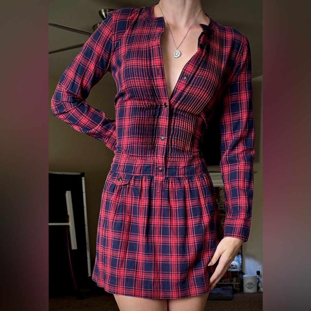 J. Crew Mini Dress Red Blue Plaid Drop Waist XS 00